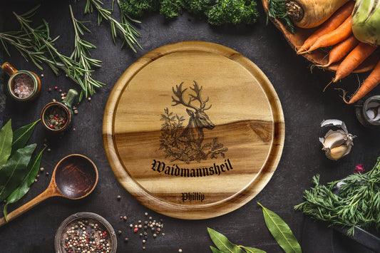 Personalisiertes rundes Holzbrett mit Hirsch Gravur für Jäger Wunschtext oder Name, Vesperbrett mit Griff, Waidmannsheil Spruch für die Jagd