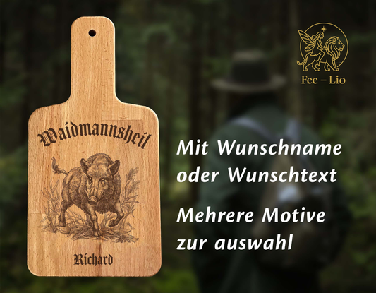Jäger Vesperbrett personalisiert Wildschwein – Buche Holzbrett mit Name & Griff