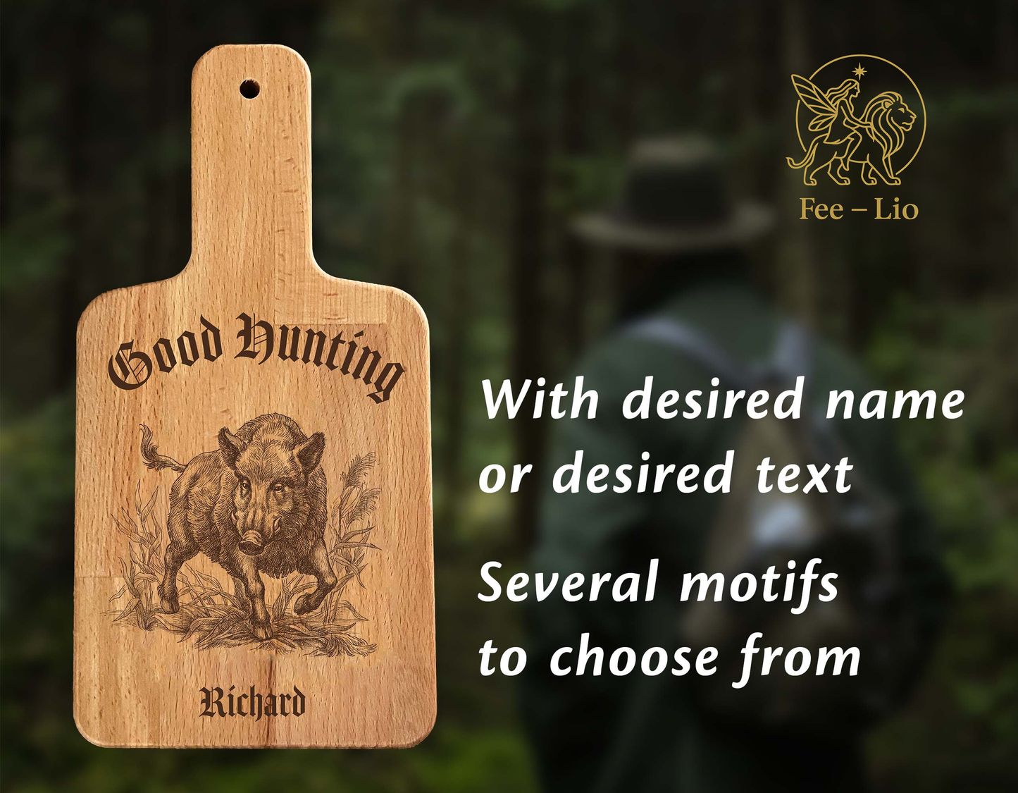 Jäger Vesperbrett personalisiert Wildschwein – Buche Holzbrett mit Name & Griff