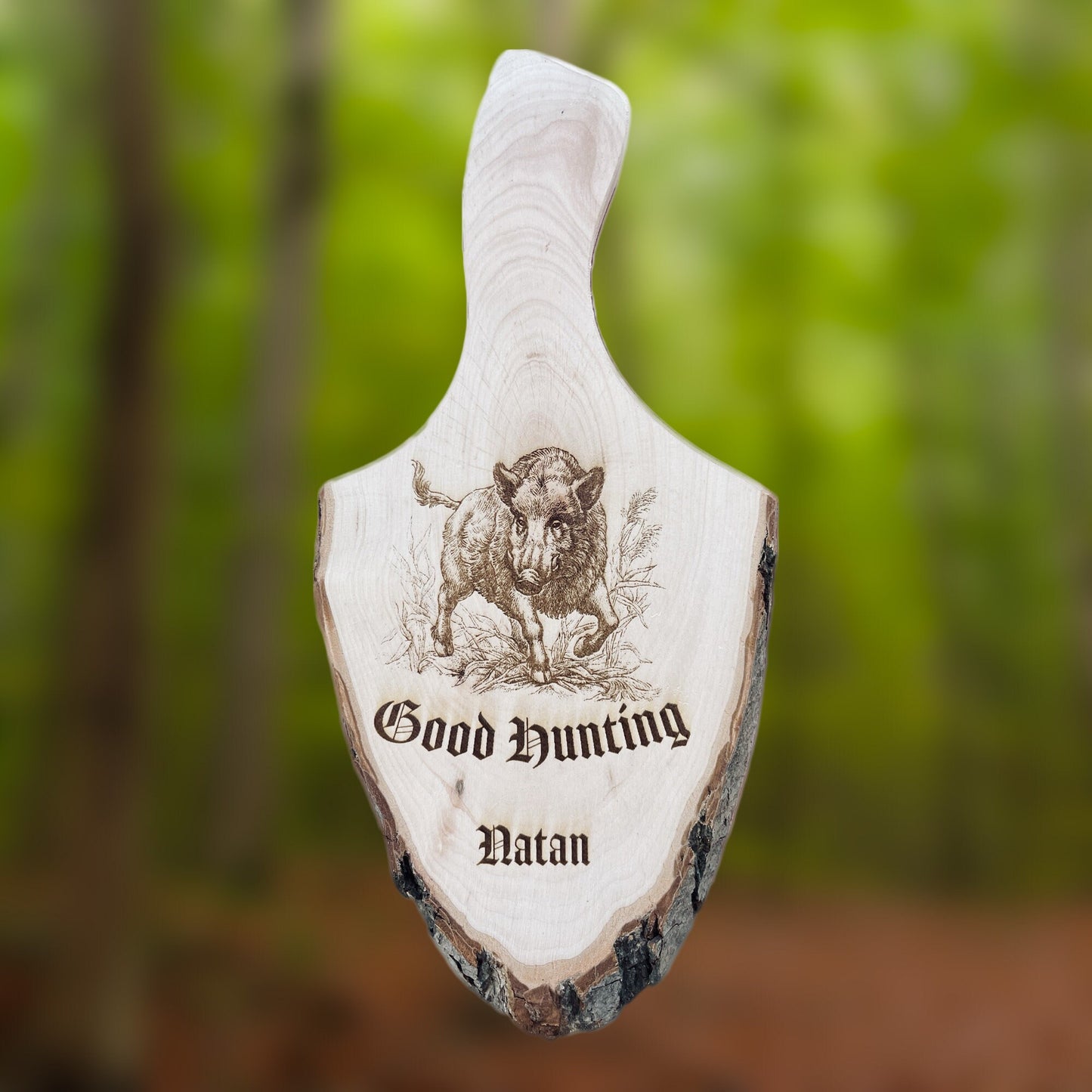 Personalisiertes Holzbrett mit Hirsch Gravur für Jäger, kleines Deko Rindenbrett mit Wunschtext, Vesperbrett mit Name, Waidmannsheil Jagd