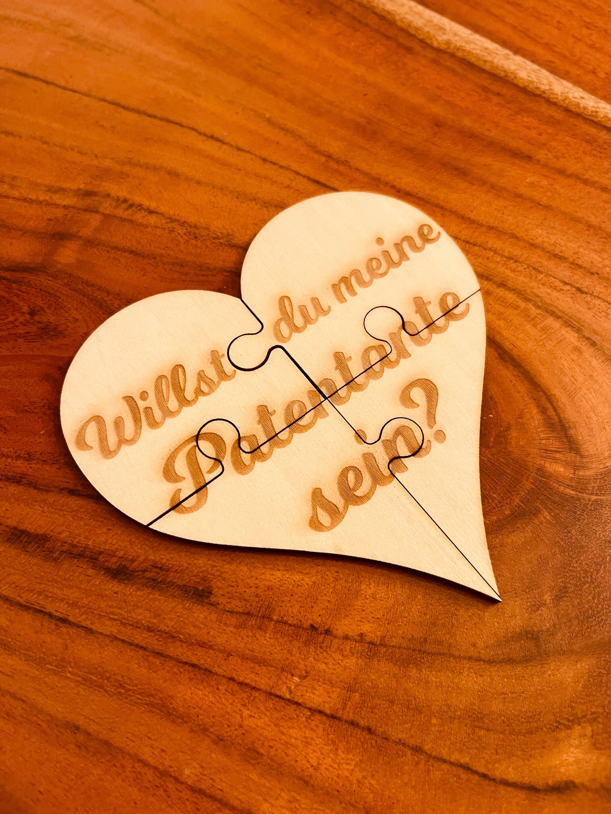 Herz-Puzzle aus Holz, Willst Du meine Patentante sein? – Einzigartiges Geschenk zur Taufe, Taufpatin fragen