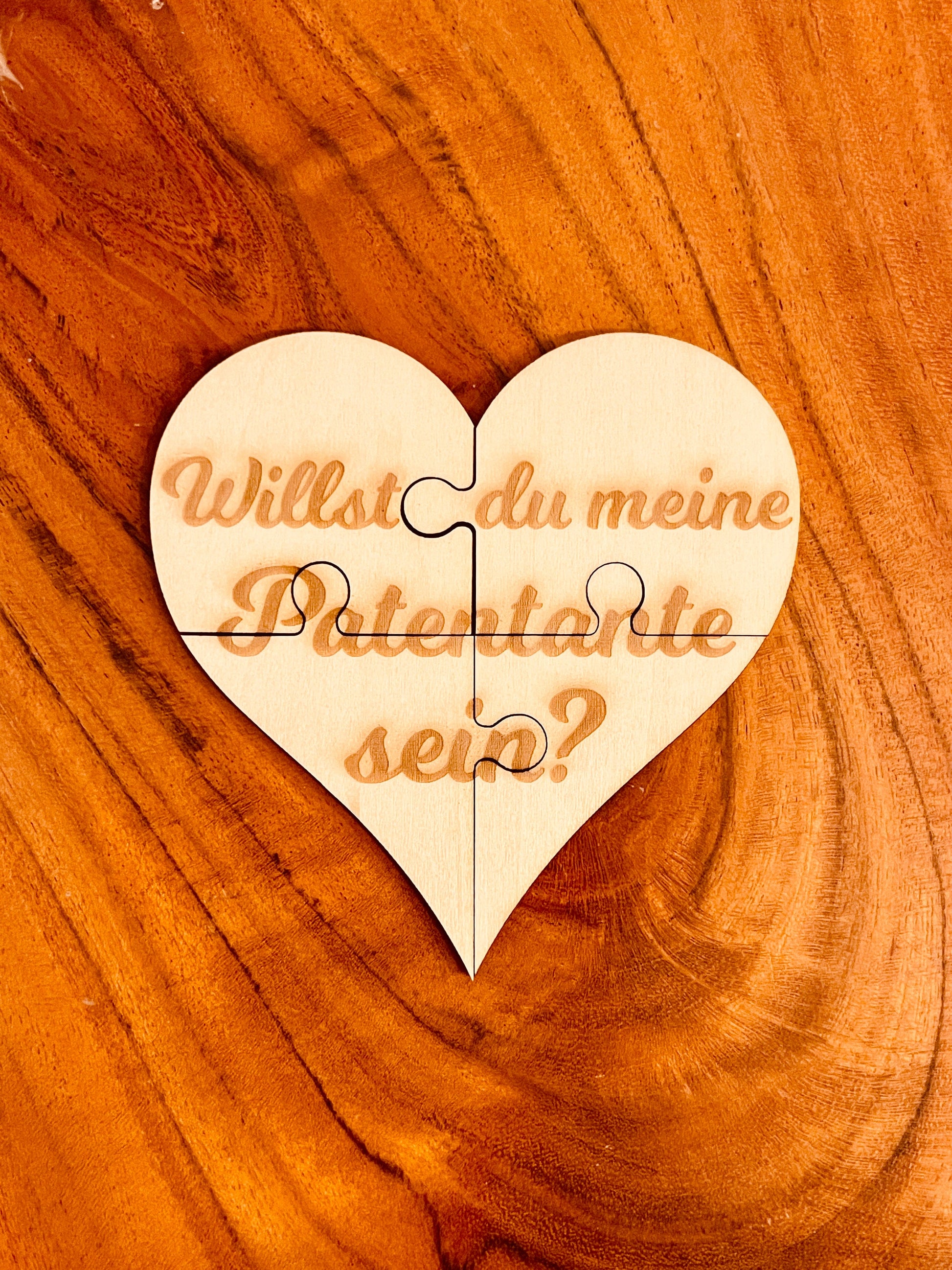 Herz-Puzzle aus Holz, Willst Du meine Patentante sein? – Einzigartiges Geschenk zur Taufe, Taufpatin fragen