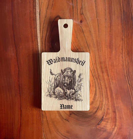 Personalisiertes Holzbrettchen mit Wildschwein Gravur für Jäger, mit Name, Vesperbrettchen mit Griff, Waidmannsheil Spruch für die Jagd
