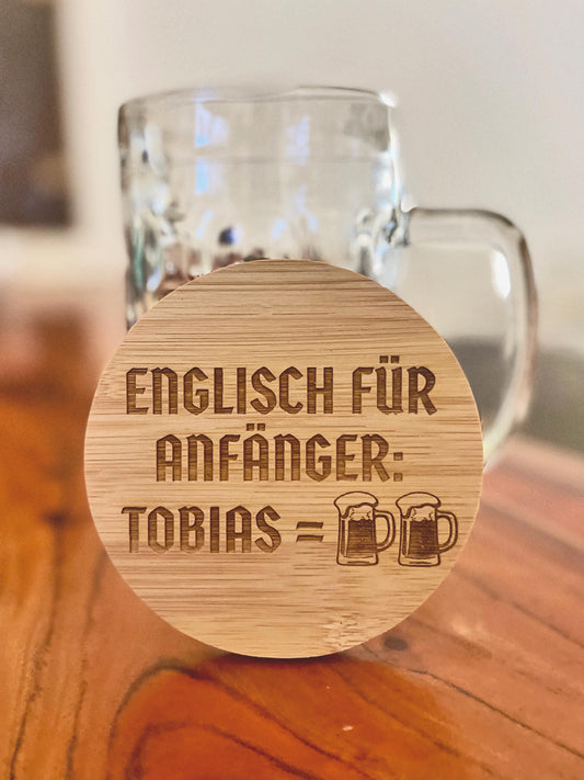 Untersetzer aus Bambus für Bier Liebhaber mit witzigem Spruch Englisch für Anfänger Tobias = Two Beers