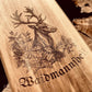 Personalisiertes Jäger Vesperbrett Akazie – Hirsch-Gravur & Name mit Lederband