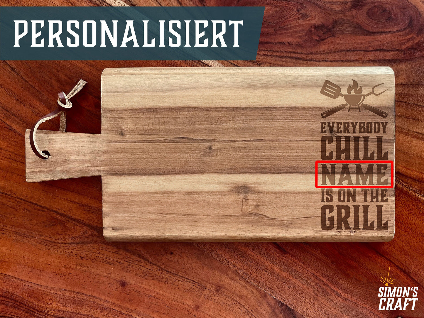 Personalisiertes Grillbrett Akazie – „Everybody Chill“ mit Wunschname | 3 Größen