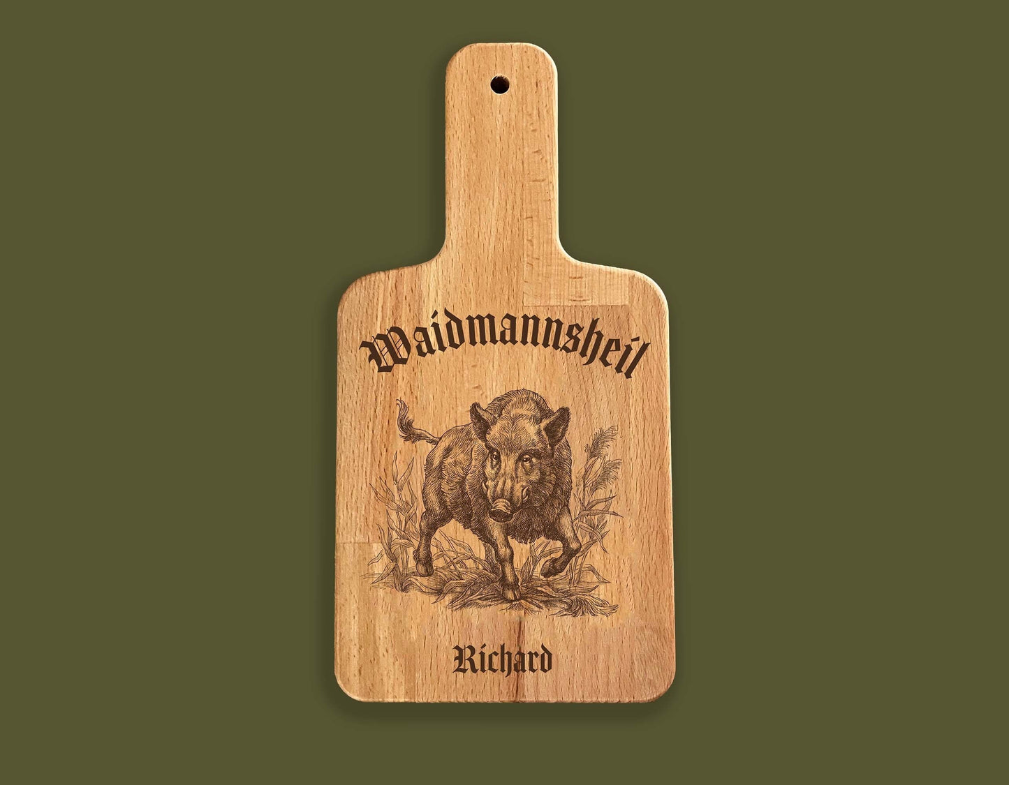 Jäger Vesperbrett personalisiert Wildschwein – Buche Holzbrett mit Name & Griff