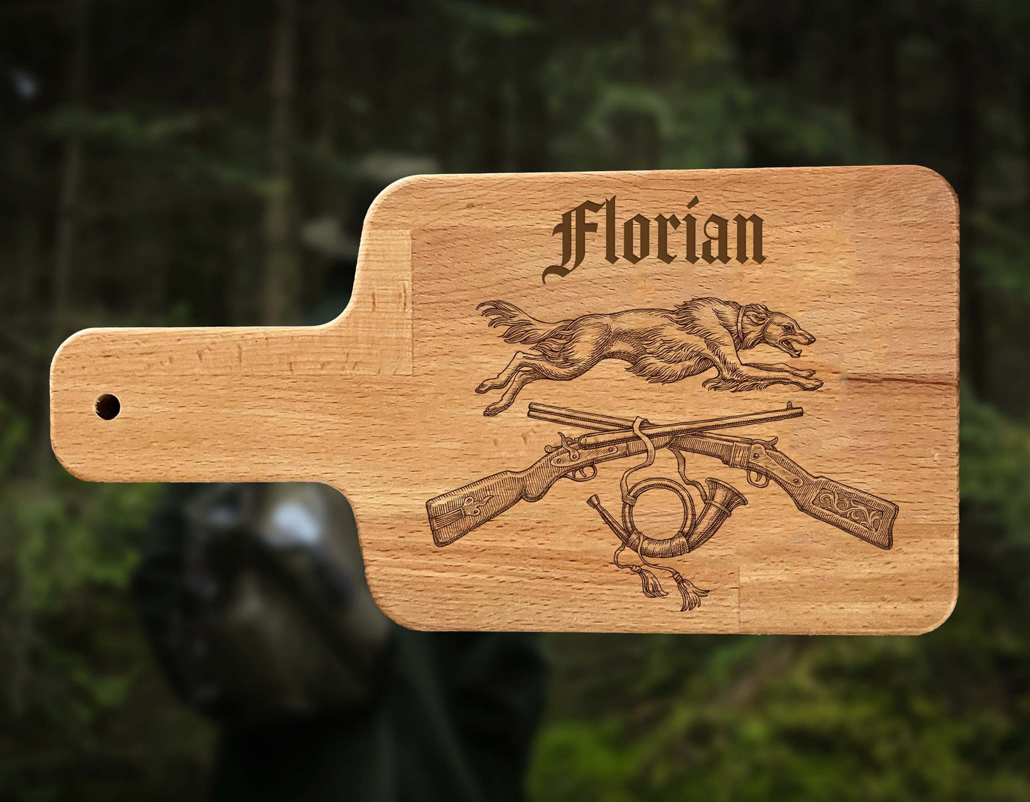 Personalized wooden board with engraving for hunters, with desired text or name, snack board with handle, Waidmannsheil saying for the hunt hunting dog