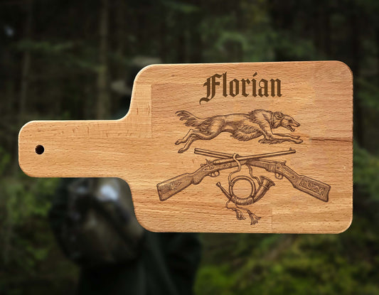 Jäger Vesperbrett personalisiert mit Jagdhund – Buchenholz-Brettchen mit Name