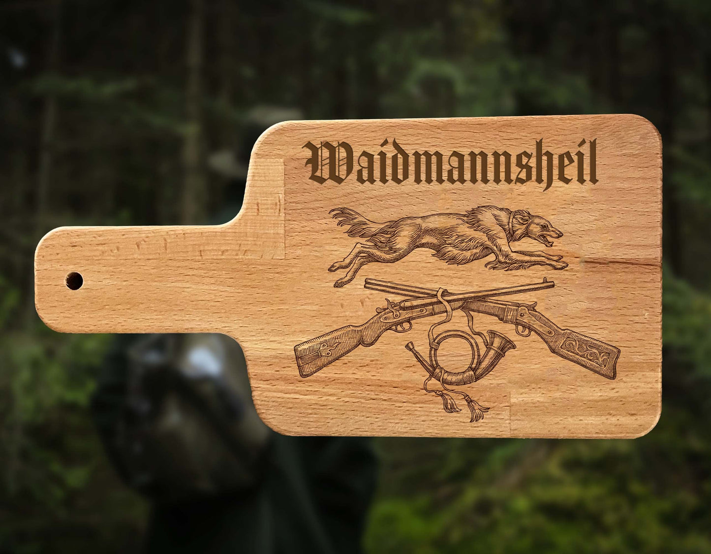 Personalized wooden board with engraving for hunters, with desired text or name, snack board with handle, Waidmannsheil saying for the hunt hunting dog