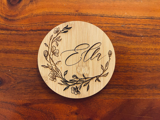 Personalized coaster for drinks made of bamboo with desired name and flowers, wooden coaster for cups and glasses with floral ornament